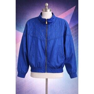 Vintage 80s Fuda Silk Bomber Jacket Women M Royal Blue Studded Shoulder Pads VTG